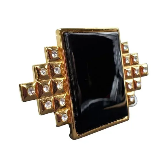 Vtg Signed SMB Art Deco Revival Brooch Sandra Miller Burrows Rhinestone Black - Picture 4 of 16